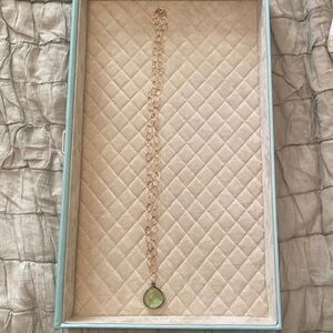 Vintage green glass and brass chain. Length 16”. Pendant 1”